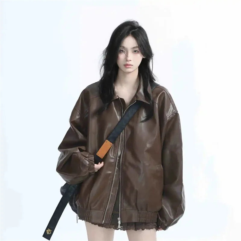 Women's Retro Faux Leather Zip-Up Jacket