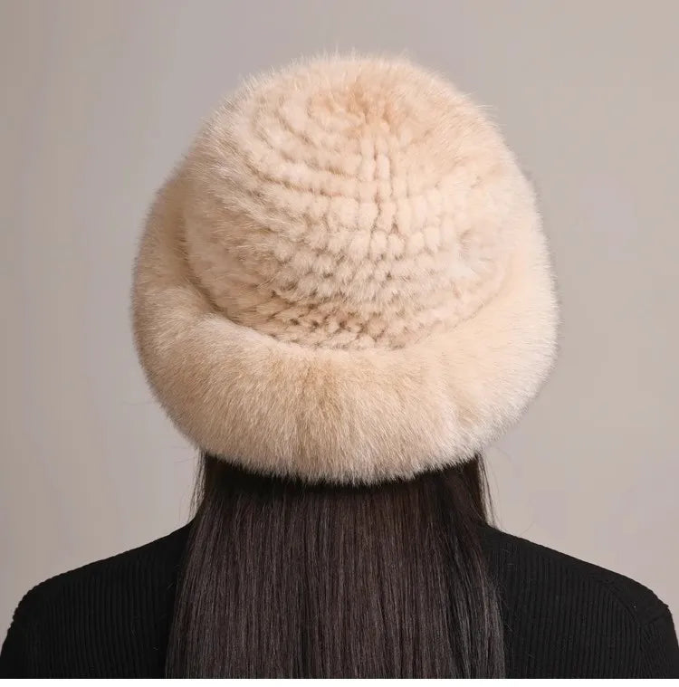 Genuine Knitted Mink Fur Hat with Fox Fur Brim