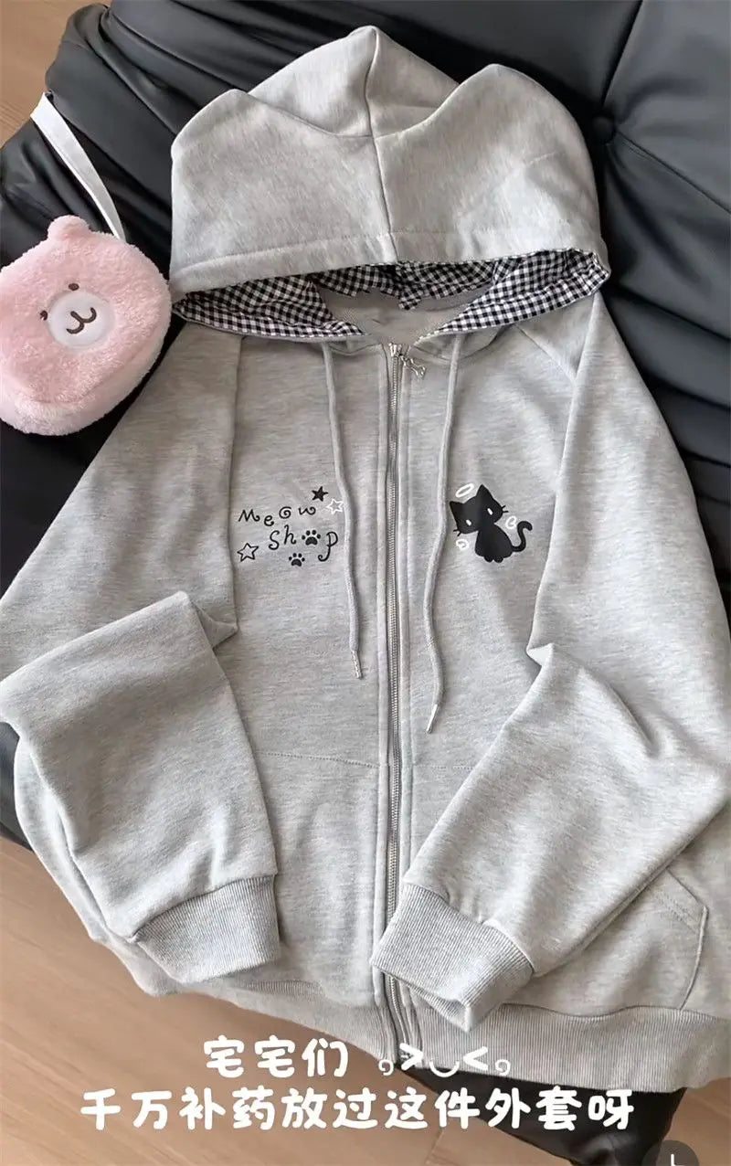 Women's Cute Cat Print Relaxed Zip-Up Hoodie