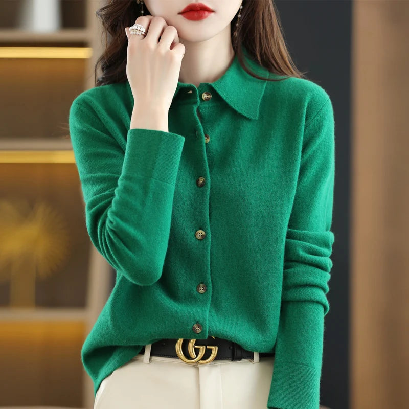 Polo Collar Spun Wool Cardigan – Elegant Single-Breasted Knit Jacket