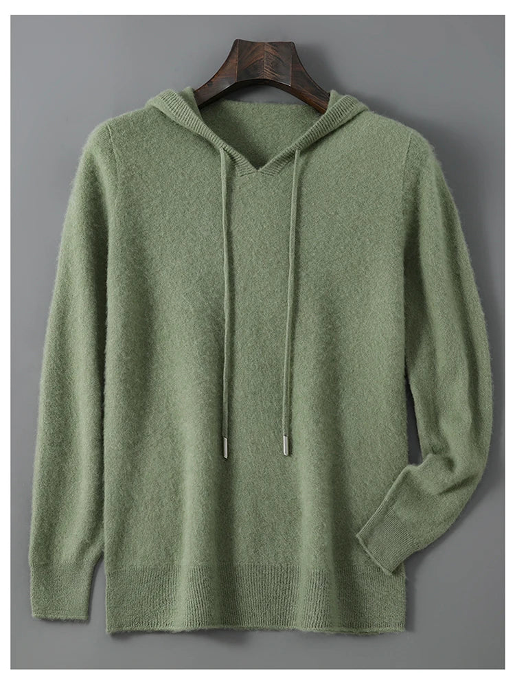 DjzDsm Autumn Winter Men's Sweater 100% Merino Wool Thick Hooded Pullover Soft Knitwear Casual Comfort Wool Clothing Tops