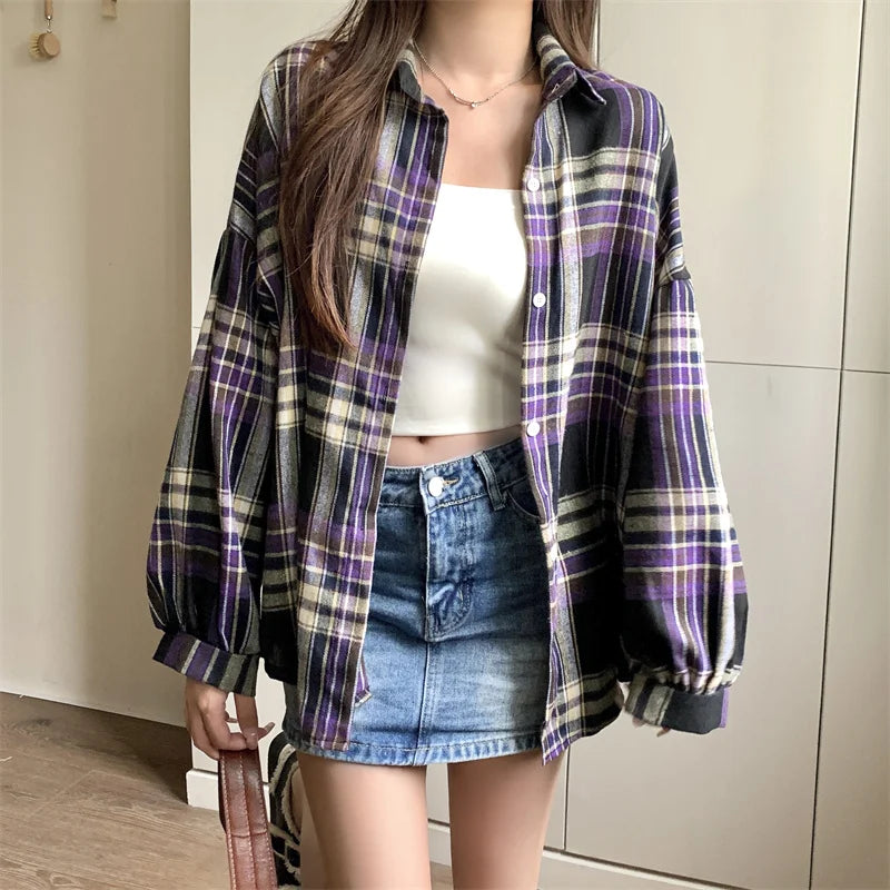 Vintage Plaid Long-Sleeve Blouse