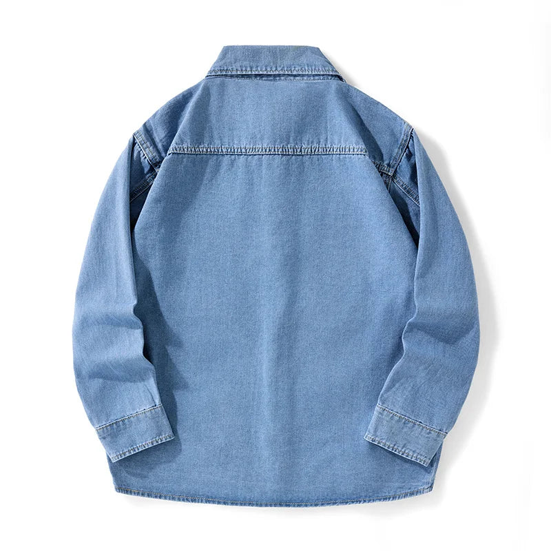 Heavy duty washed denim jacket for men vintage blue lapel long sleeved shirt style jacket casual and loose outer wear