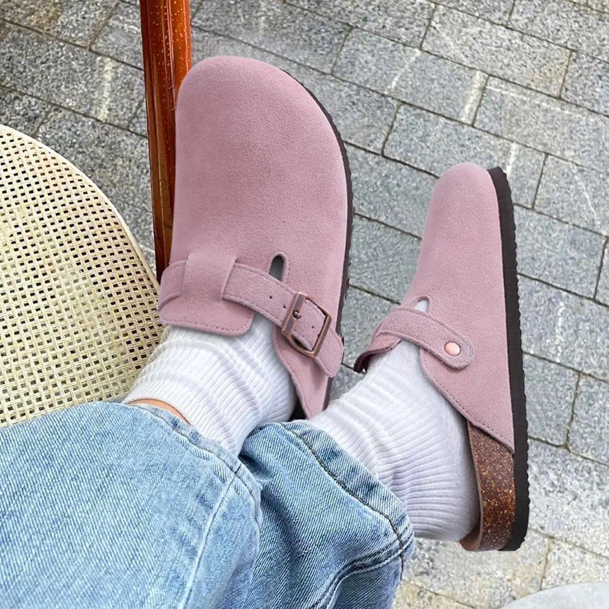 Evshine Men's Suede Clogs Fashion Leather Mules Cozy Footbed Slippers With Adjustable Buckle AntiSlip Cork Slippers Unisex Mules