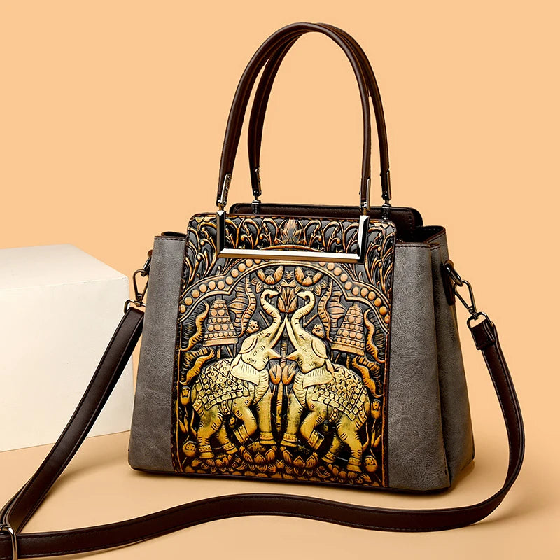 New Vintage Embossed Handmade Handbag For Women Versatile PU Leather Shoulder Bag 3 Layers Large Capacity Crossbody Bags Female