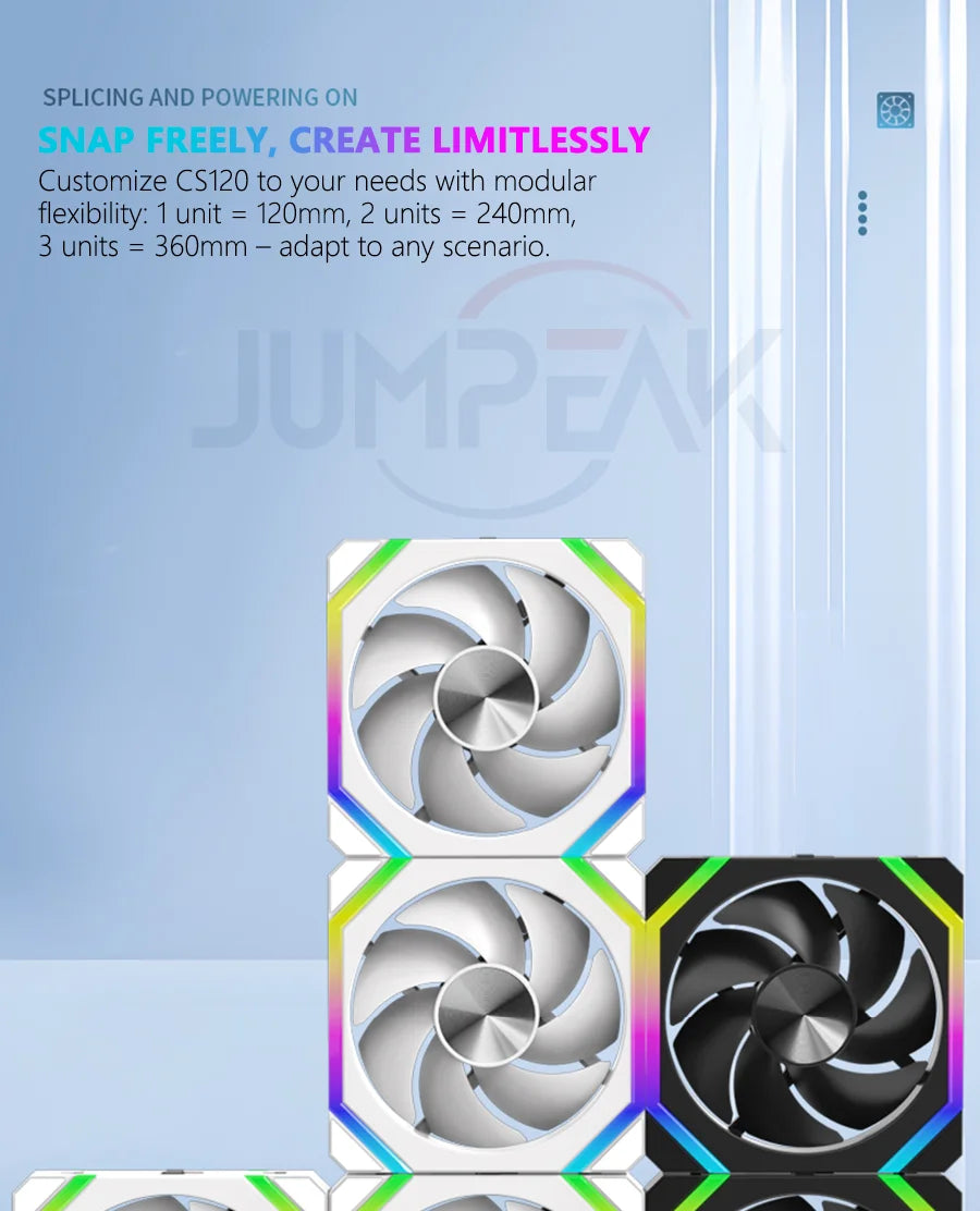 JUMPEAK CS120 ARGB Cooling Fan 360mm 240mm Modular Stackable Splicing PWM Silent 120mm RGB Fans For Gaming PC Case Water Cooler