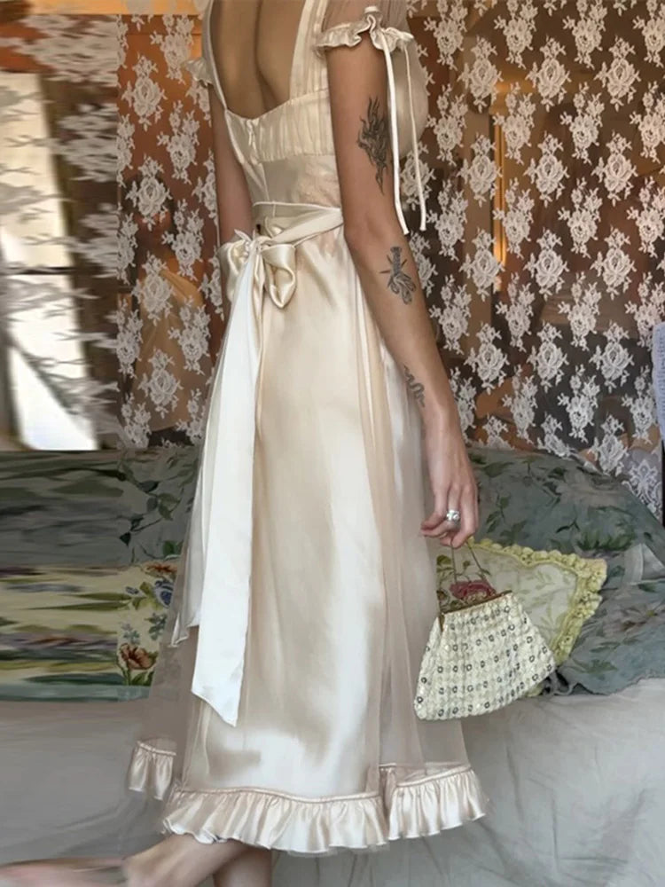 Women Mesh Midi Dress Vintage Dresses Deep V Neck Tie Strap Floral Ruffle Hem Wedding Guest Dress Elegant Outfit Woman Clothes