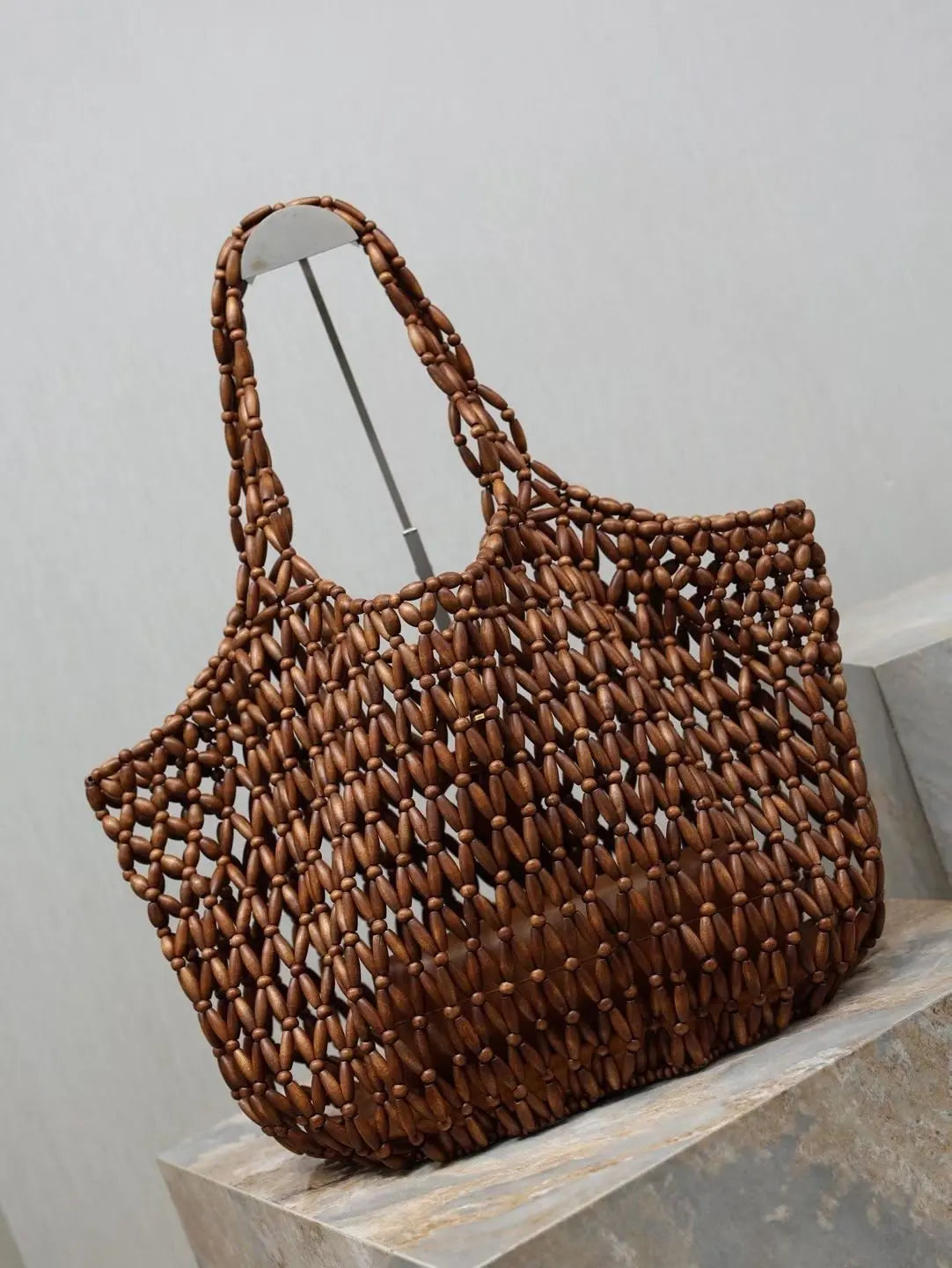 Hand-Woven Wooden Bead Tote Bag | Vintage Summer Style