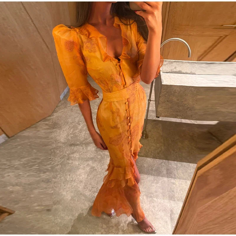 V Neck High Split Half Sleeve Slim Long Dress Print Waist Cinching Ruffle Hem Maxi Robes 2026 Women Party Vacation Vestidos