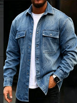 Men's Continuous Wave Line Print Fake Denim Long Sleeve Shirt Blue Lapel Button Down Double Chest Pocket Casual Street Top