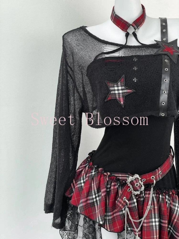 Gothic Hot Girl American Fashion 2 Piece Set Women Black Blouse + Chic Irregular Dress New Pure Desire Slim Vintage Suit Summer