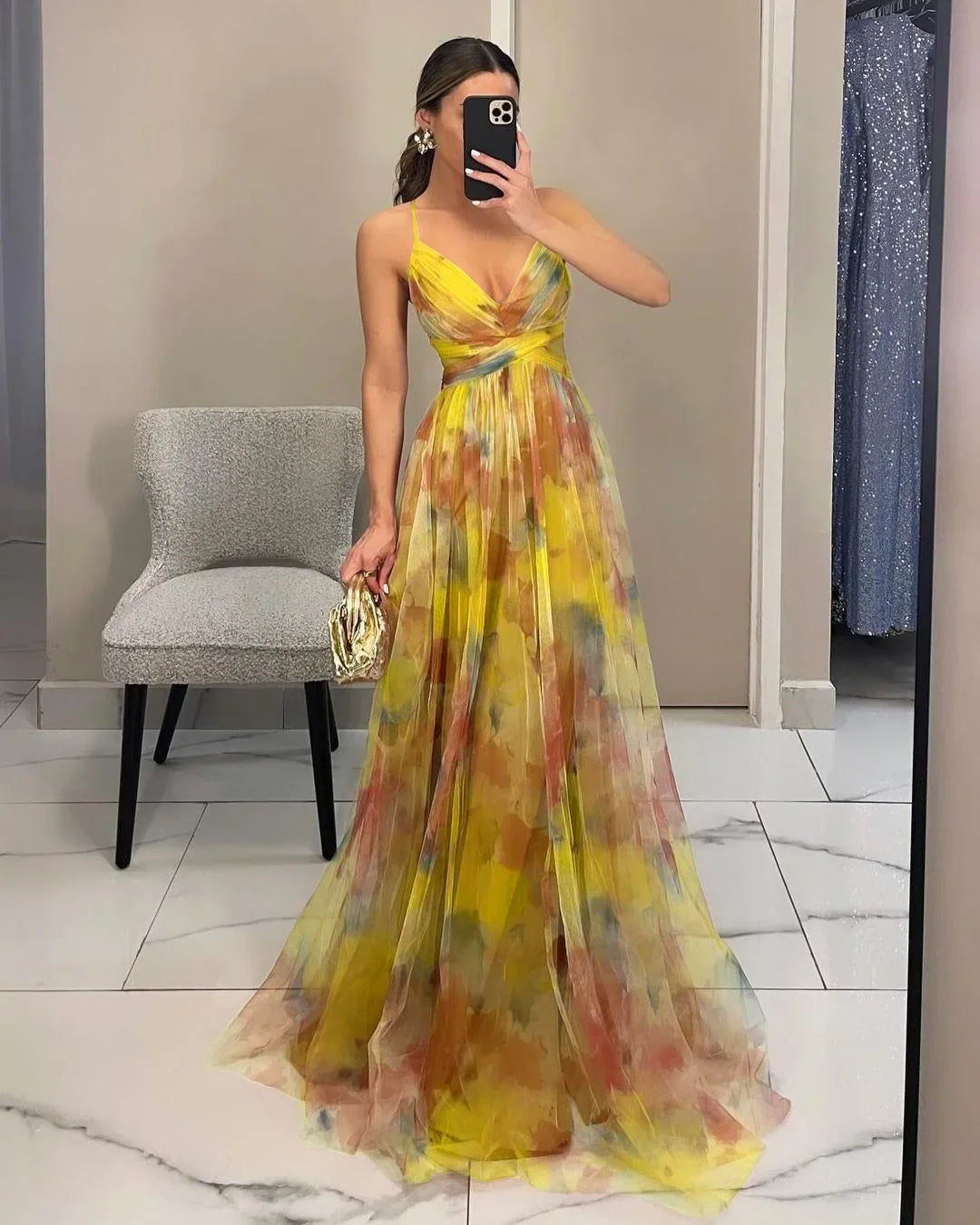 Off-Shoulder Lace Print Halter Maxi