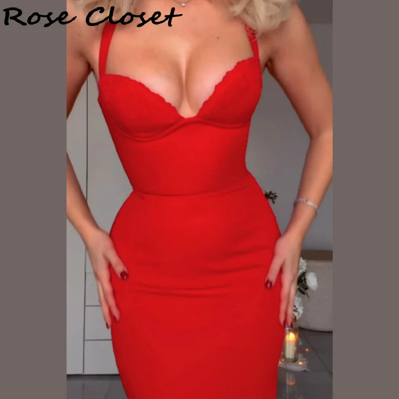 Elegant Bodycon Midi Dress – Halter Neck Evening Gown