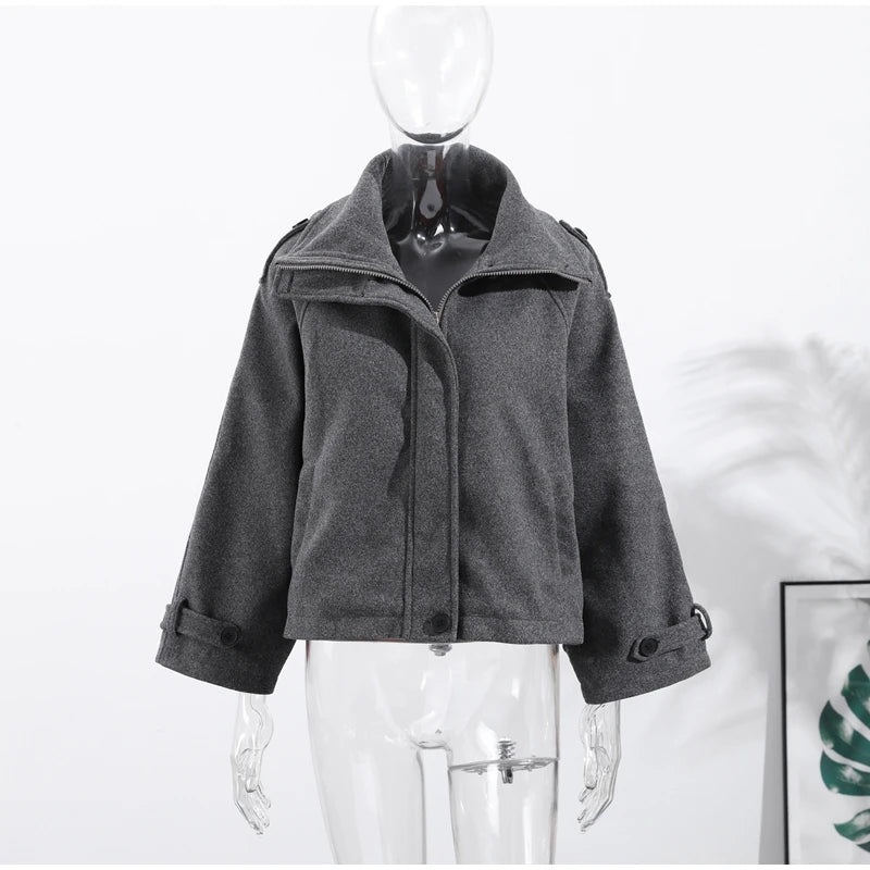 Fashion Short Woolen Coat Women Stand Collar Single-breast Full Sleeve Loose Pocket Jacket Female 2026 Autumn Solid Lady Outwear
