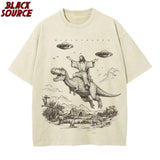 T075 Cartoon Dinosaur Print Fashion T-Shirt Women's Unisex Wash Distressed Vintage Tee Student Fashion Design Vacation Top