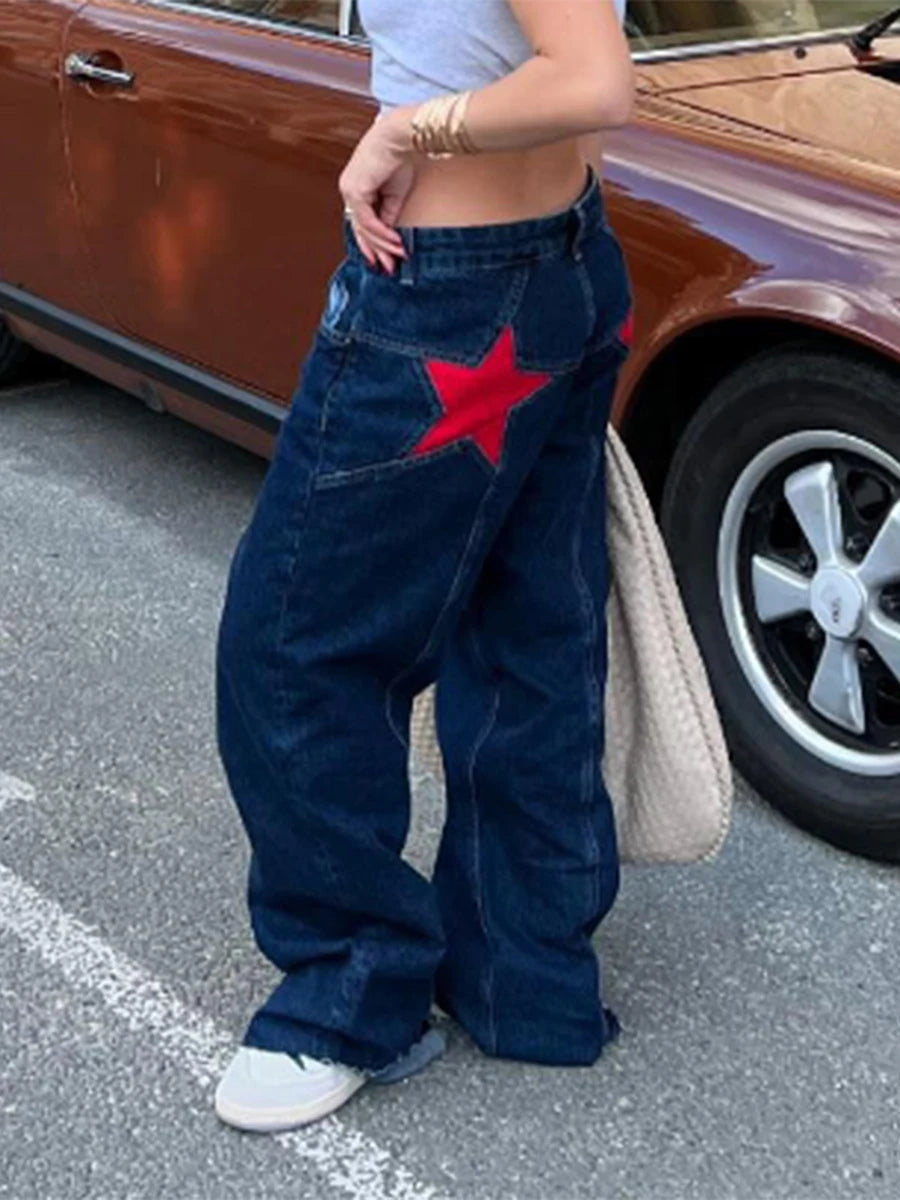 Women's Y2K Star Print Low-Rise Straight-Leg Jeans
