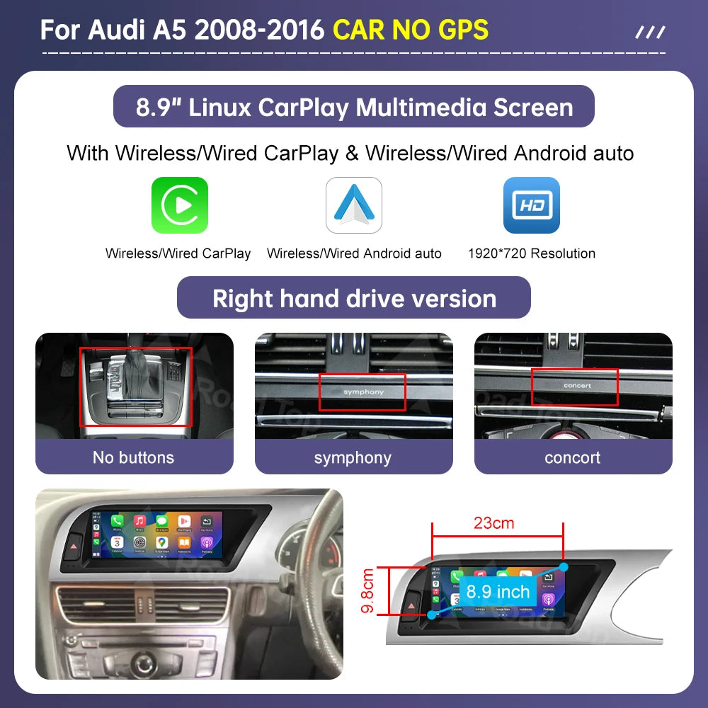Road Top 8.8"/12.3" Touch Screen for Audi A5 2008–2016