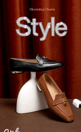 Women's Leather Loafers with Gold Lock Detail Square Toe Low Heel Penny Casual Office Slip-On Dress Shoes for Woman