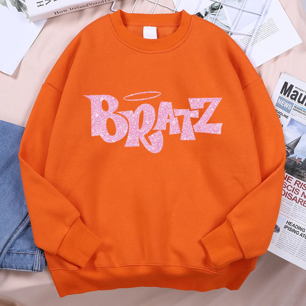 Pink Cartoon Letters Bratz Print Sweatshirts Mens Casual Fleece Clothes Creativity Warm Hoodie Autumn Loose Streetwear Pullover