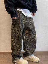 Men's Leopard Print Wide-Leg Denim Jeans