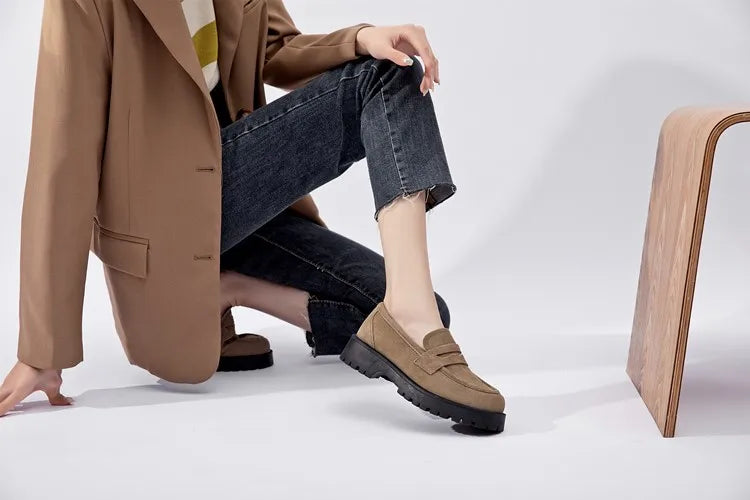 AIYUQI Women's Suede Square-Heel Loafers | British Style