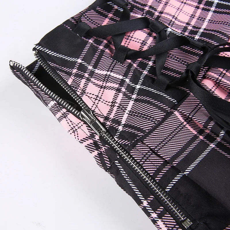 Pink Plaid Y2K Pleated Mini Skirt with Lace Trim