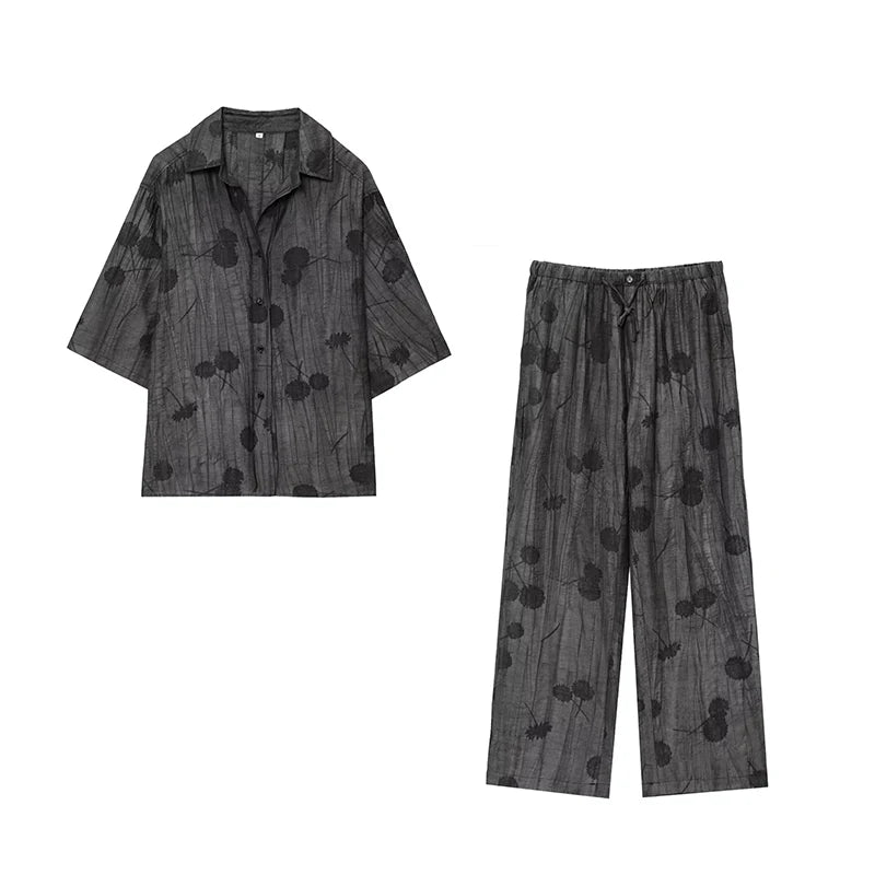 TFMLN Women's Fashion Two Piece Set Loose Jacquard Shirt 2024 High Waist Trousers Set Lapel Half Sleeve Shirt Wide Leg Pants