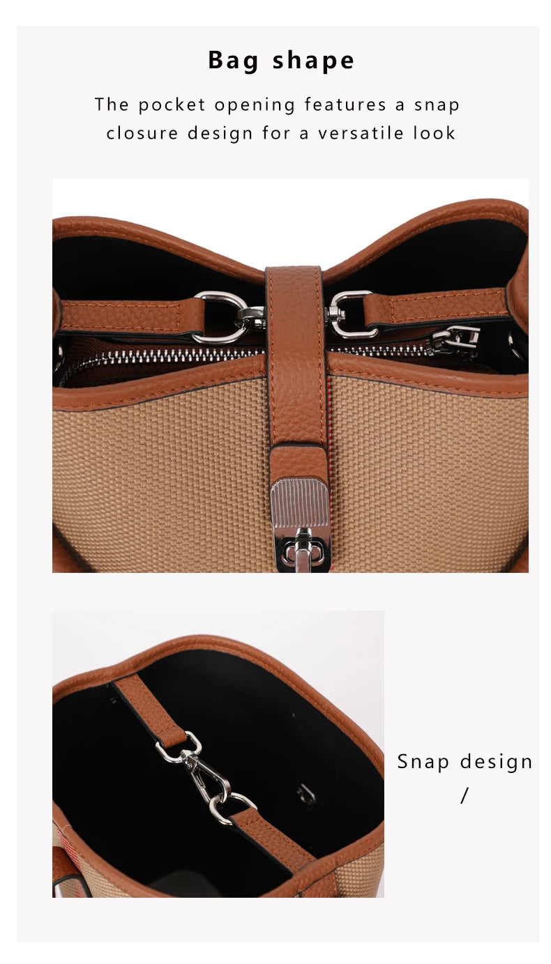 New canvas paired with cowhide women's shoulder crossbody bag, fashionable plaid pattern bucket bag