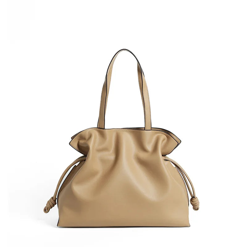 Autumn Winter High-End Leather Bucket Bag Drawstring Pleated Soft Cowhide Single Shoulder Tote Lucky Bag for Women