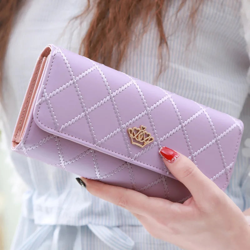 Women PU Leather Black Long Wallet Diamond Pattern Purse Large Capacity Card Holder Crown Buckle Ladies Phone Bag Girls Gifts