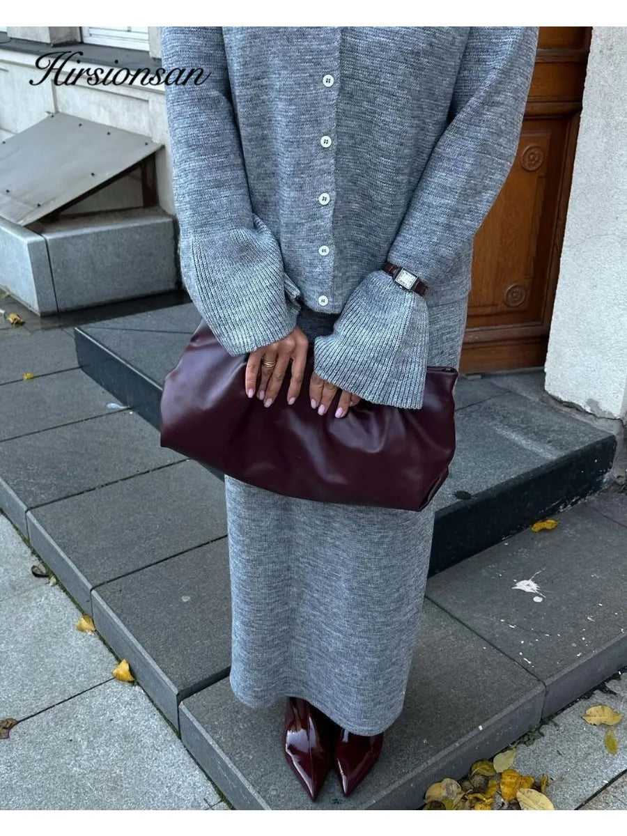 Hirsionsan Sexy Soft Elegant Vintage Women Suits 2 Pieces Female Sets Polo Neck Cardigan Sweater & Midi Dress Knitted TrackSuit