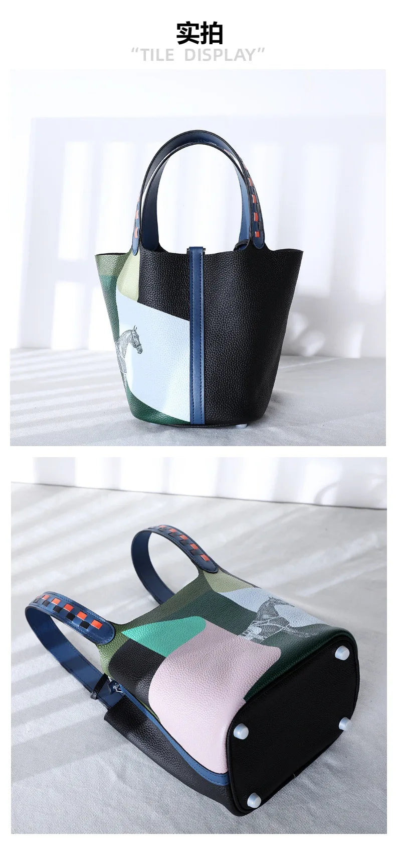 Purses and Handbags Bags for Women Painting Vegetable Basket Handbag Adjustable Shoulder Strap Genuine Leather Bucket Bag