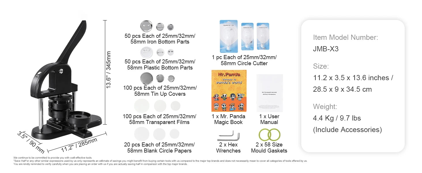 SucceBuy Button Maker 25/32/58 Pin Maker with Button Parts Ergonomic Arc Handle Punch Press Kit Button Maker Machine