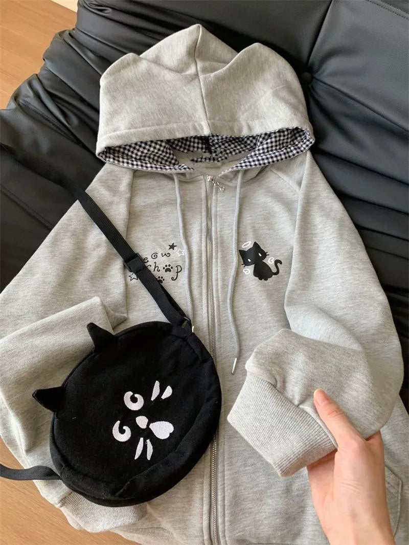 Women's Cute Cat Print Relaxed Zip-Up Hoodie