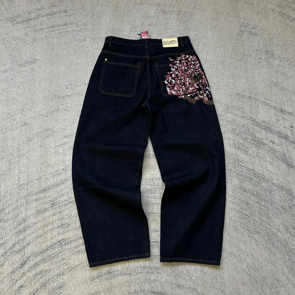 Cherry Blossom Embroidered Wide Leg Jeans