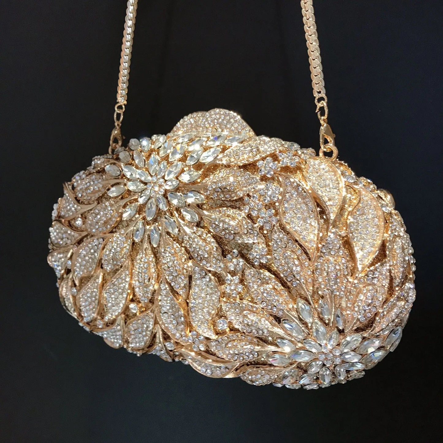 Gold Metal Leaves White Crystals Evening Clutch Bags Luxury Women Wedding Party Purse Ball Handbags Rhinestone Mini Shell Bag