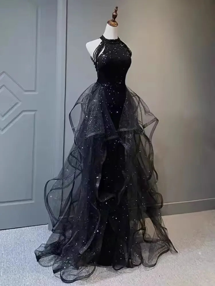 Elegant Sparkling Halter Evening Gown with Beading & Sweep Train