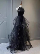 Elegant Sparkling Halter Evening Gown with Beading & Sweep Train