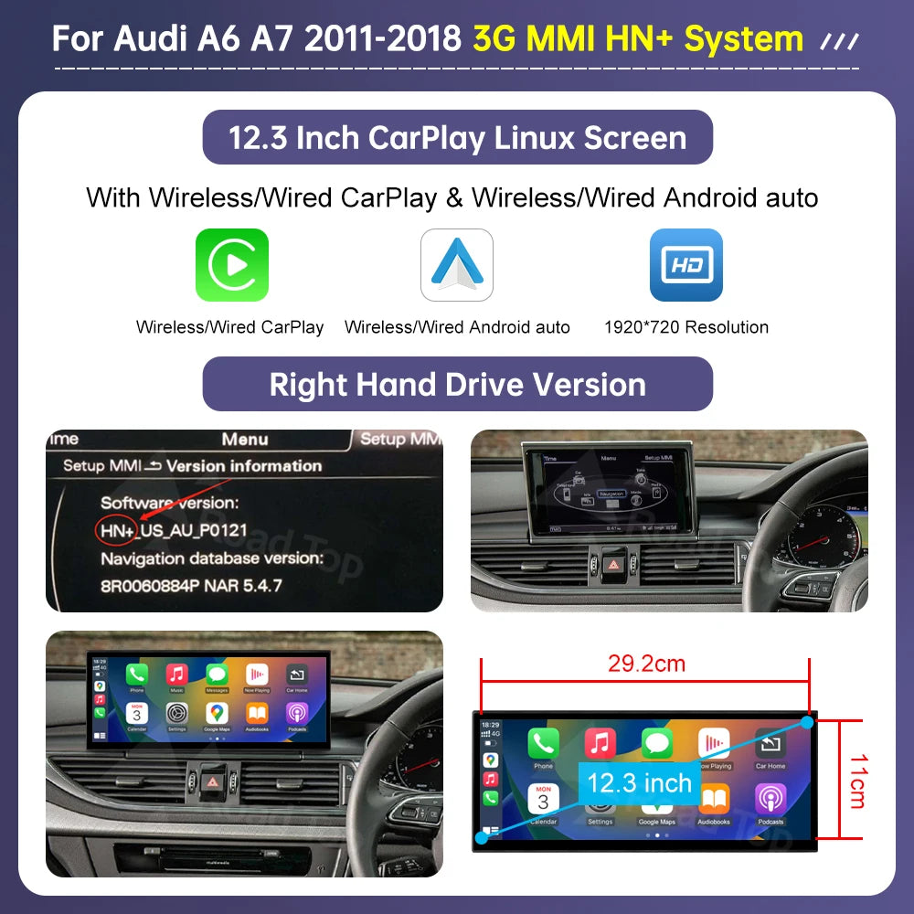 Road Top 12.3" CarPlay Screen for Audi A6 C6 A7 C7