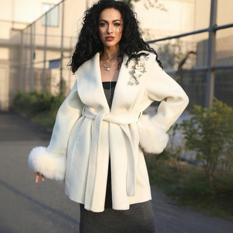 Elegant Fox Fur & Double-Sided Wool Coat