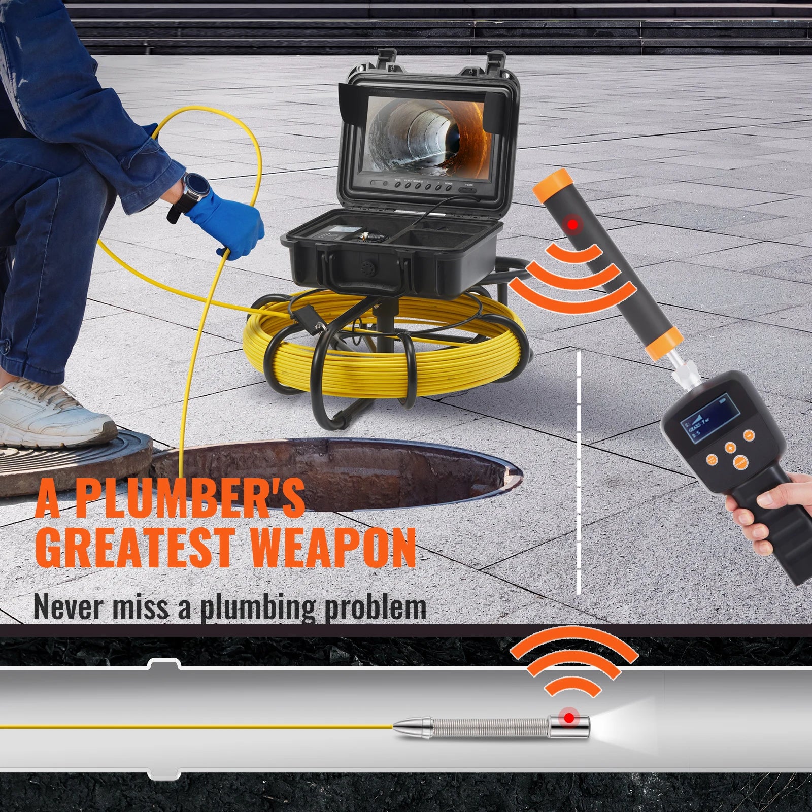 SucceBuy Sewer Camera with 512Hz Locator IP68 9" Pipeline Inspection Camera w/DVR Function w/12 Adjustable LED and 16 GB SD Card