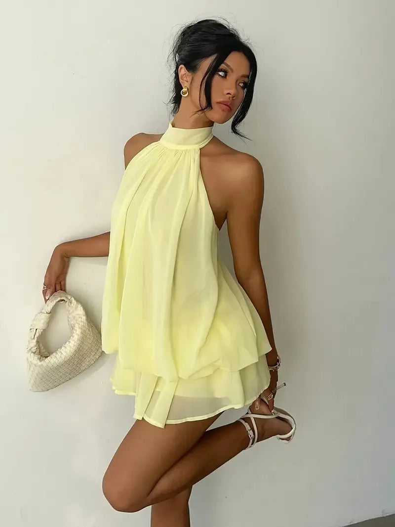 Women's Halter Neck Backless Tie-Front Mini Dress