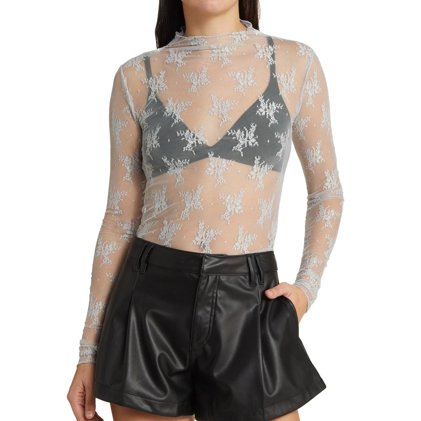Floral Lace Sheer Mesh Long Sleeve Top