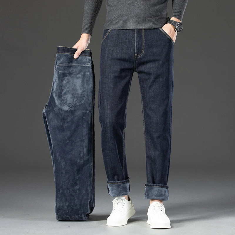Winter Warm Fleece Jeans Men's Thick Thermal Casual Straight Denim Pants Male Business Work Stretch Trousers New Clothing