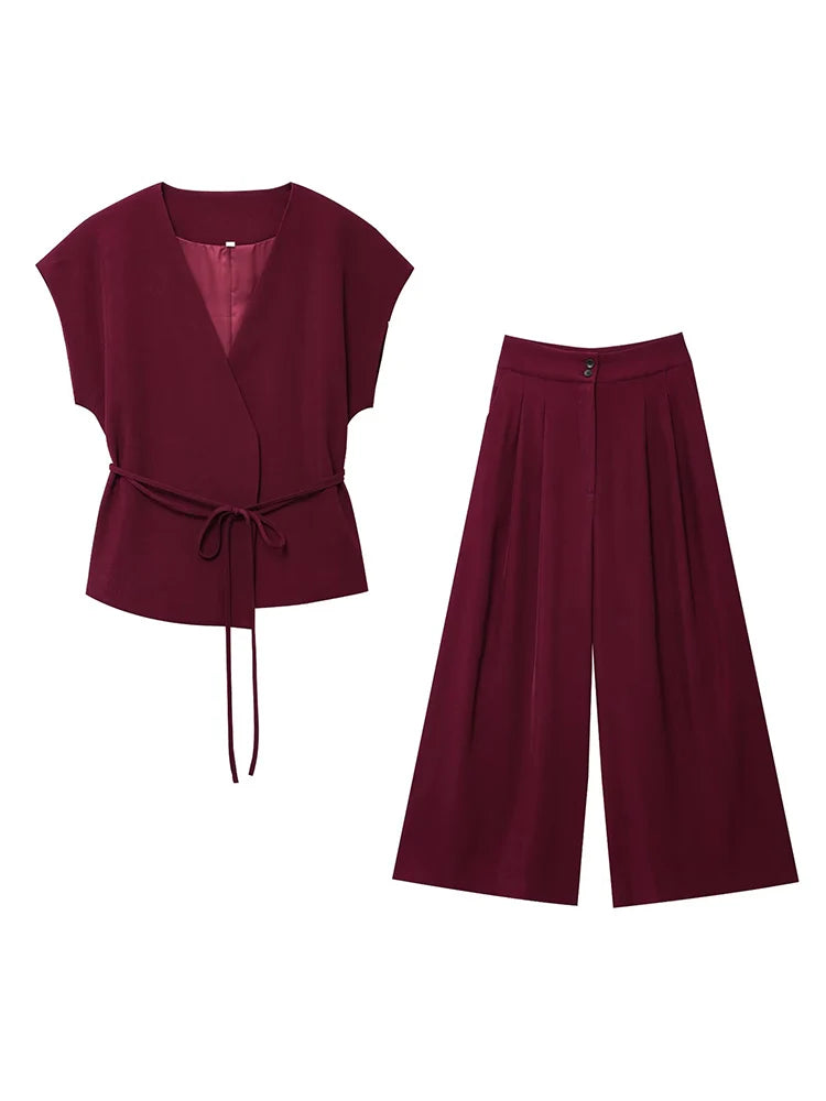 2-Piece Sleeveless V-Neck Trouser Set with Belt – Summer Commuter Wide Leg Suit