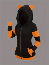 Women's Cat Ear Colorblock Zip-Up Hoodie