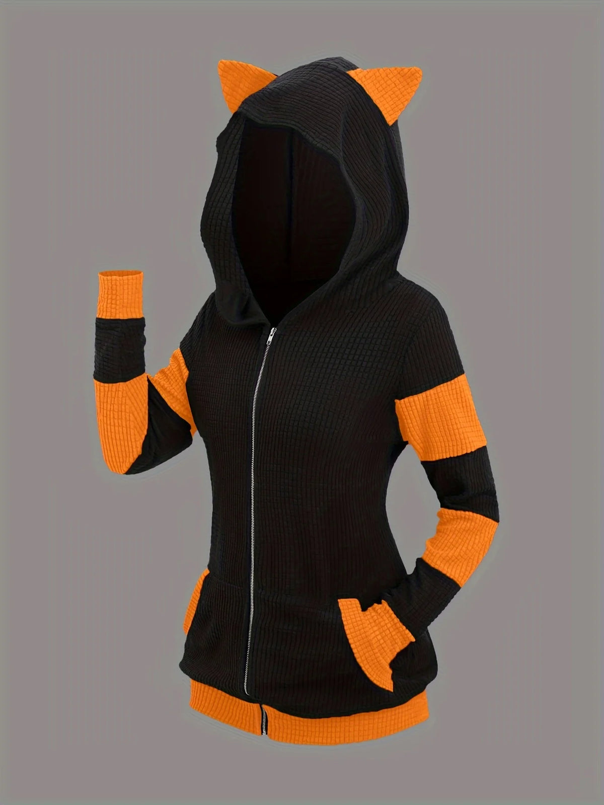 Women's Cat Ear Colorblock Zip-Up Hoodie