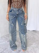 Star Embroidery High-Waist Stretch Jeans
