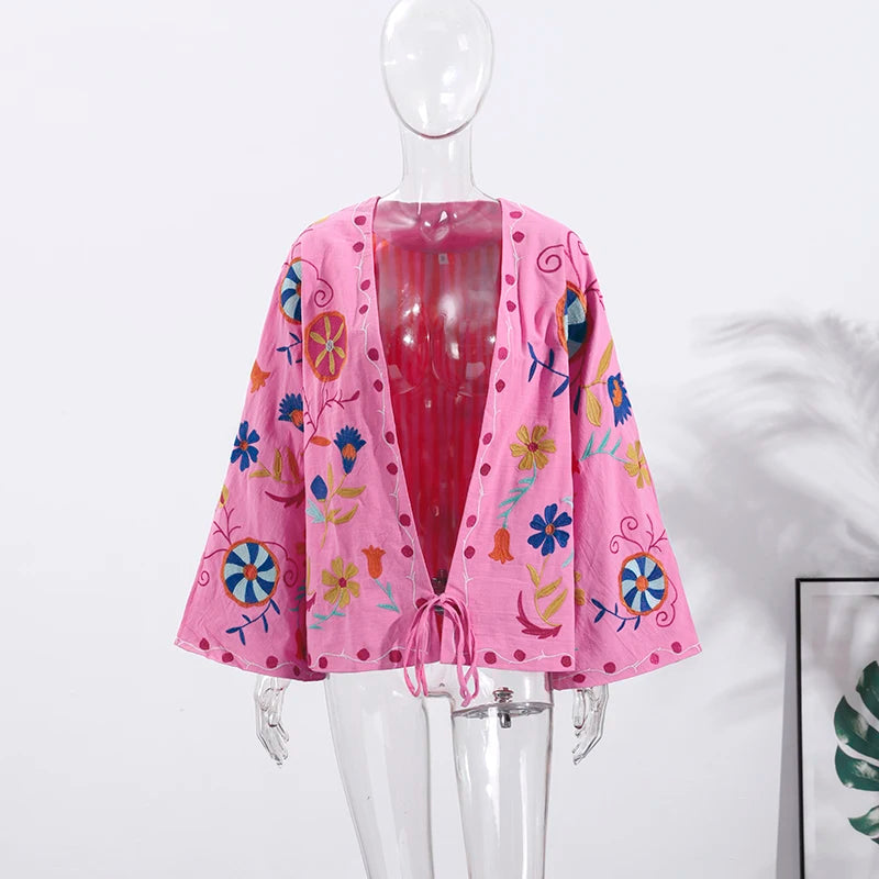 Chic Embroidered Women's Jacket – V-Neck Lace-Up Coat