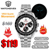 Watchdives WD1863 Chronograph Watch VK63 Sweep Second Mechanical Quartz Movement Bubble Sapphire 100M Waterproof Vintage Watches